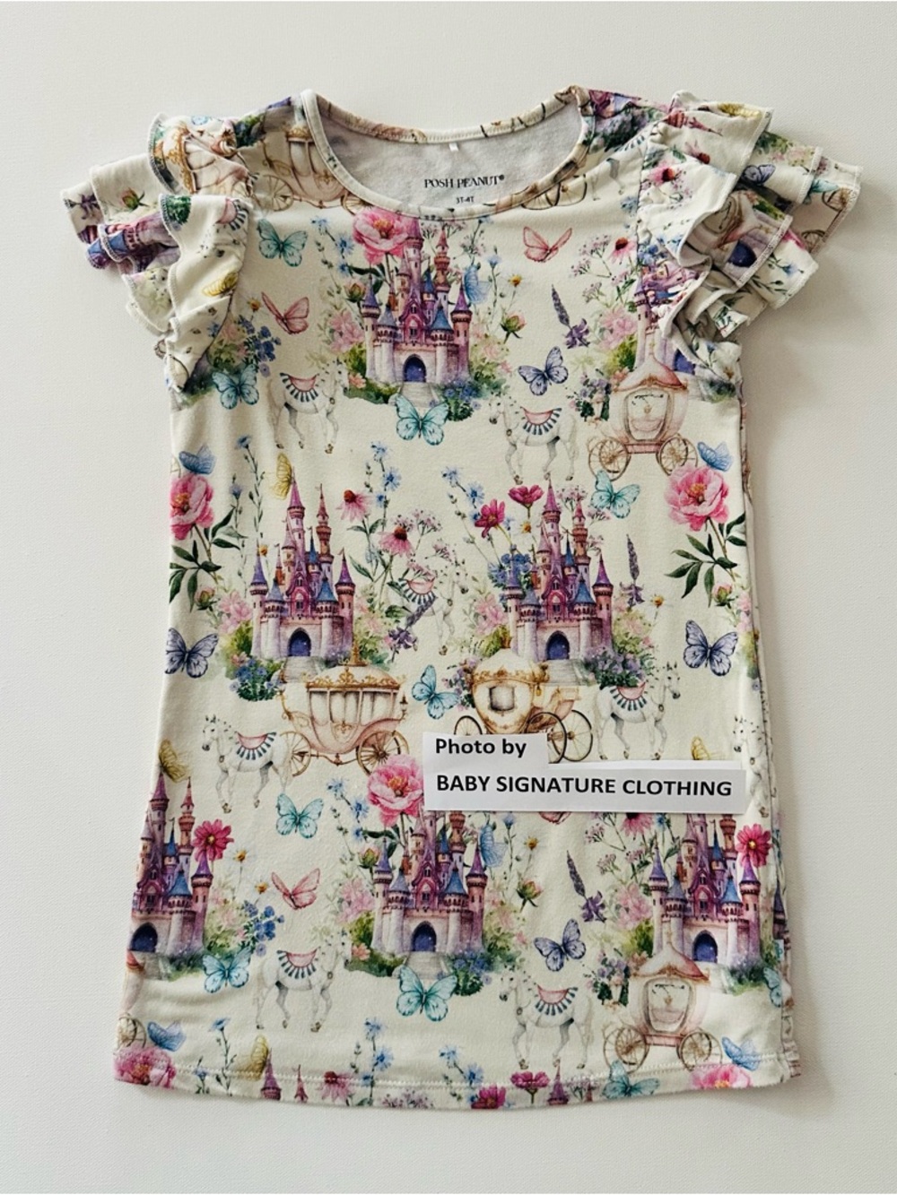 Posh Peanut 3-4 Toddler Girl Cream Castle & Butterfly Ruffle Dress